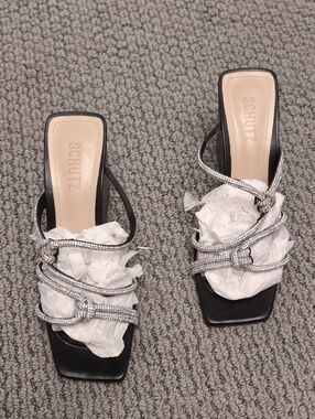 SCHUTZ Black Heeled Mules with Silver Crystal Straps